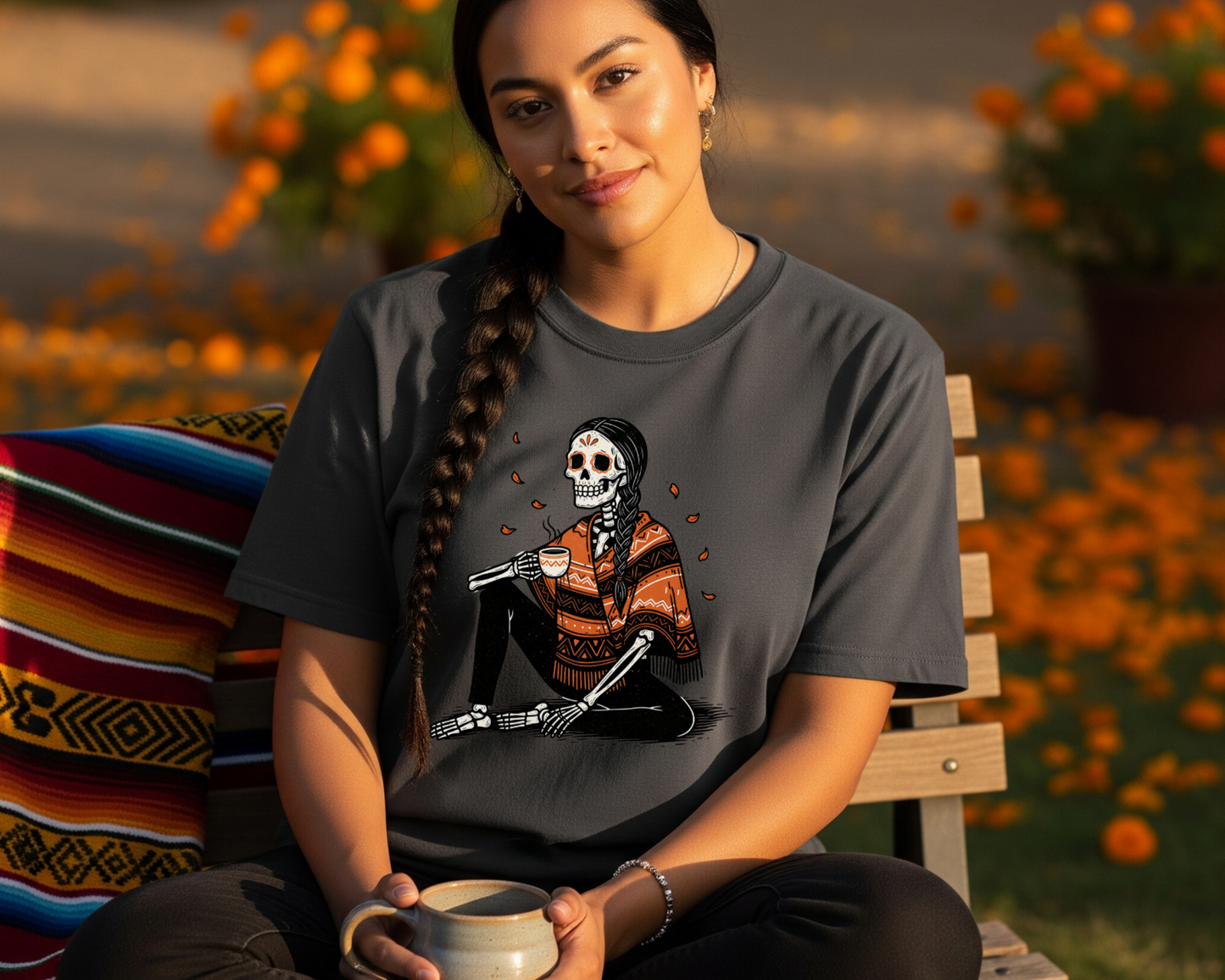 Día de Muertos Skeleton Mujer Comfort Colors® T-Shirt – Cozy Fall Tee with Cafecito & Marigold Petals