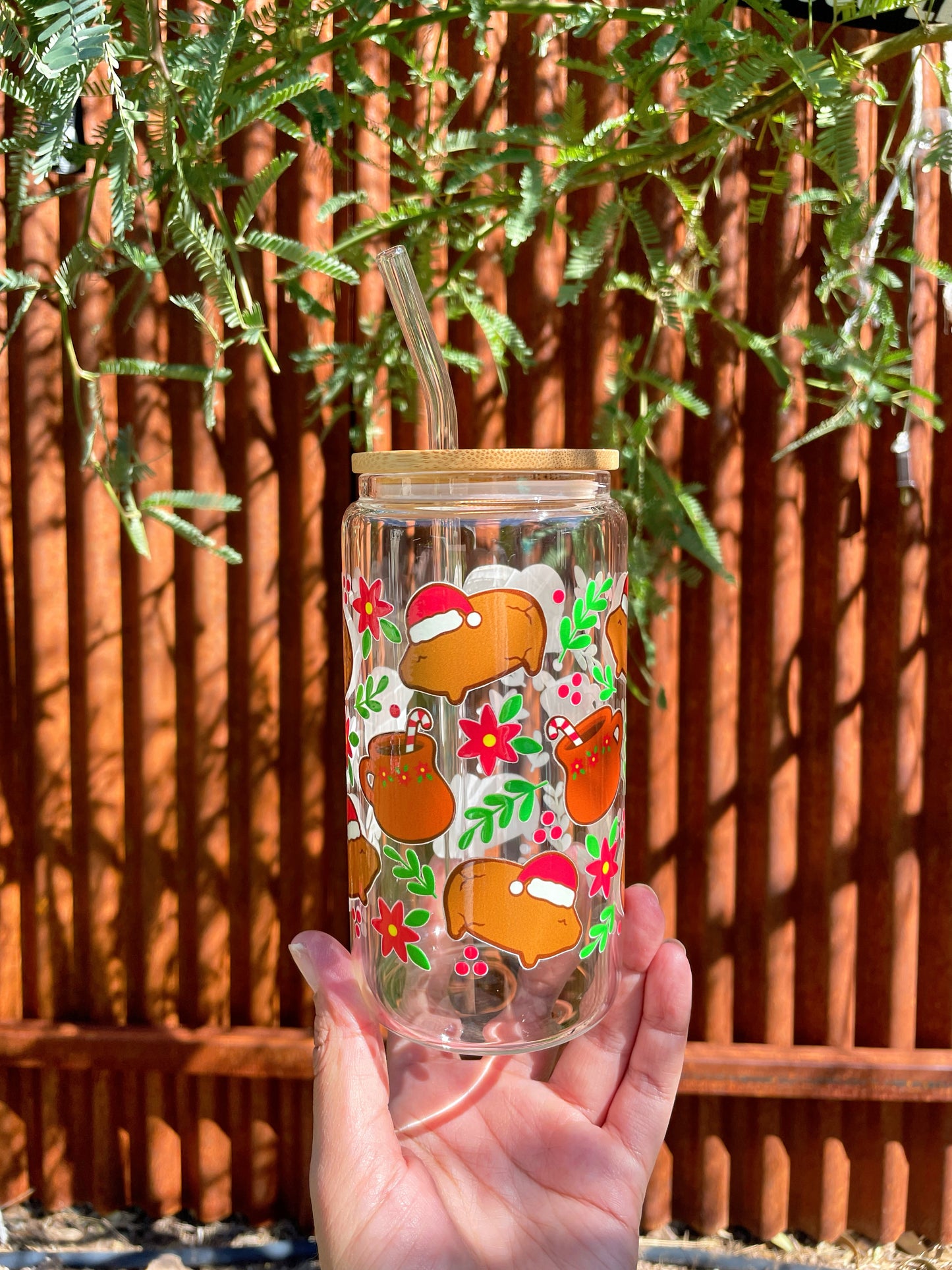 16 oz Holiday Marranitos Glass Cup | Festive Pan Dulce Tumbler with Bamboo Lid & Glass Straw