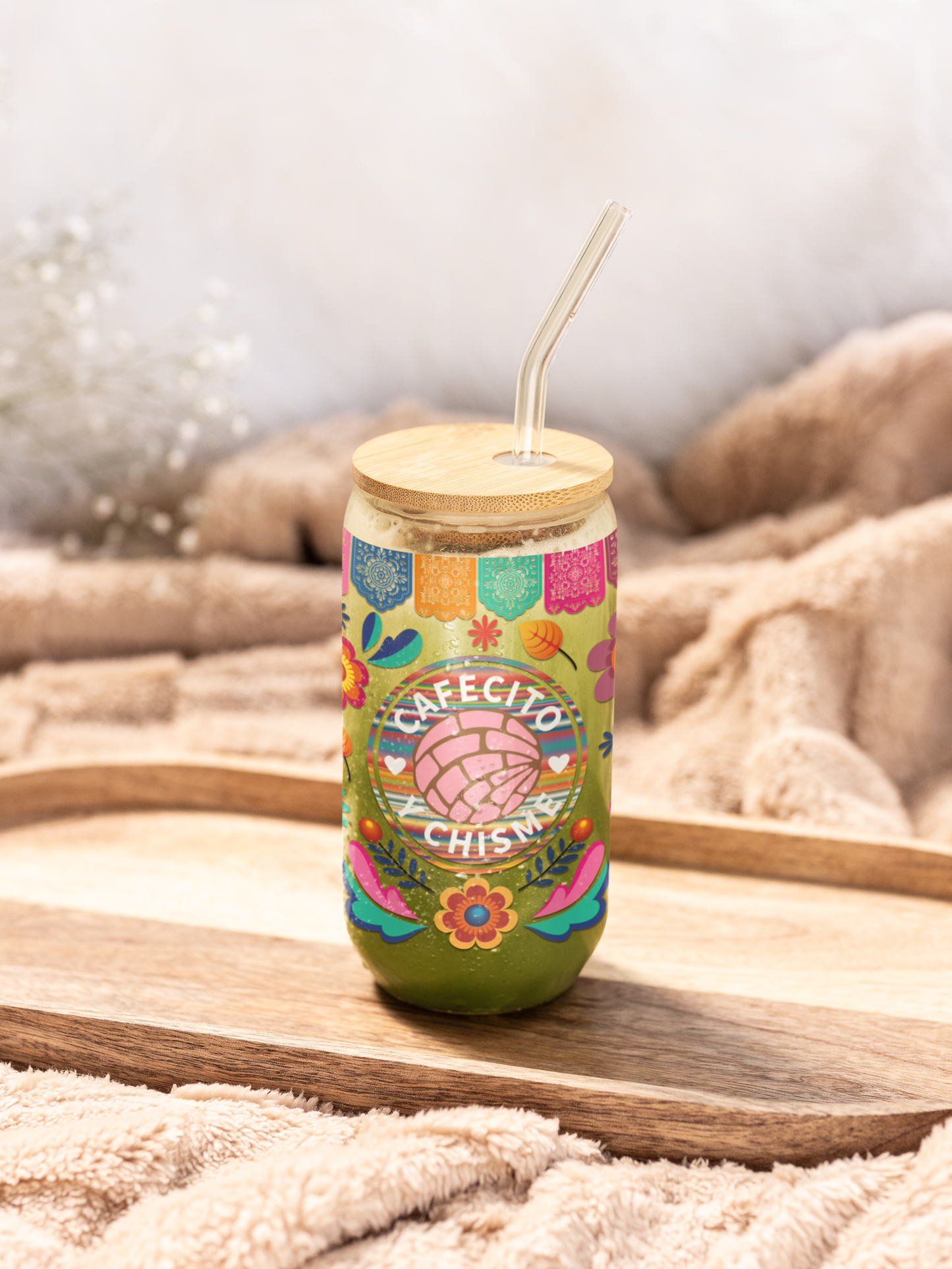 Cafecito y Chisme 16 oz Glass Can with Bamboo Lid & Glass Straw