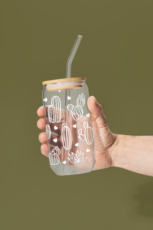 Desert Cactus 16 oz Glass Can with Bamboo Lid & Glass Straw