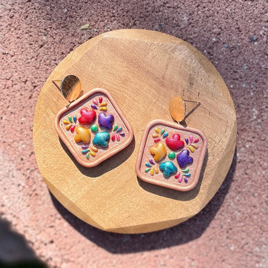 Handmade Talavera Flower Flower Clay Earrings | Mexican Talavera Clay Dangle Earrings | Artesania Mexicana