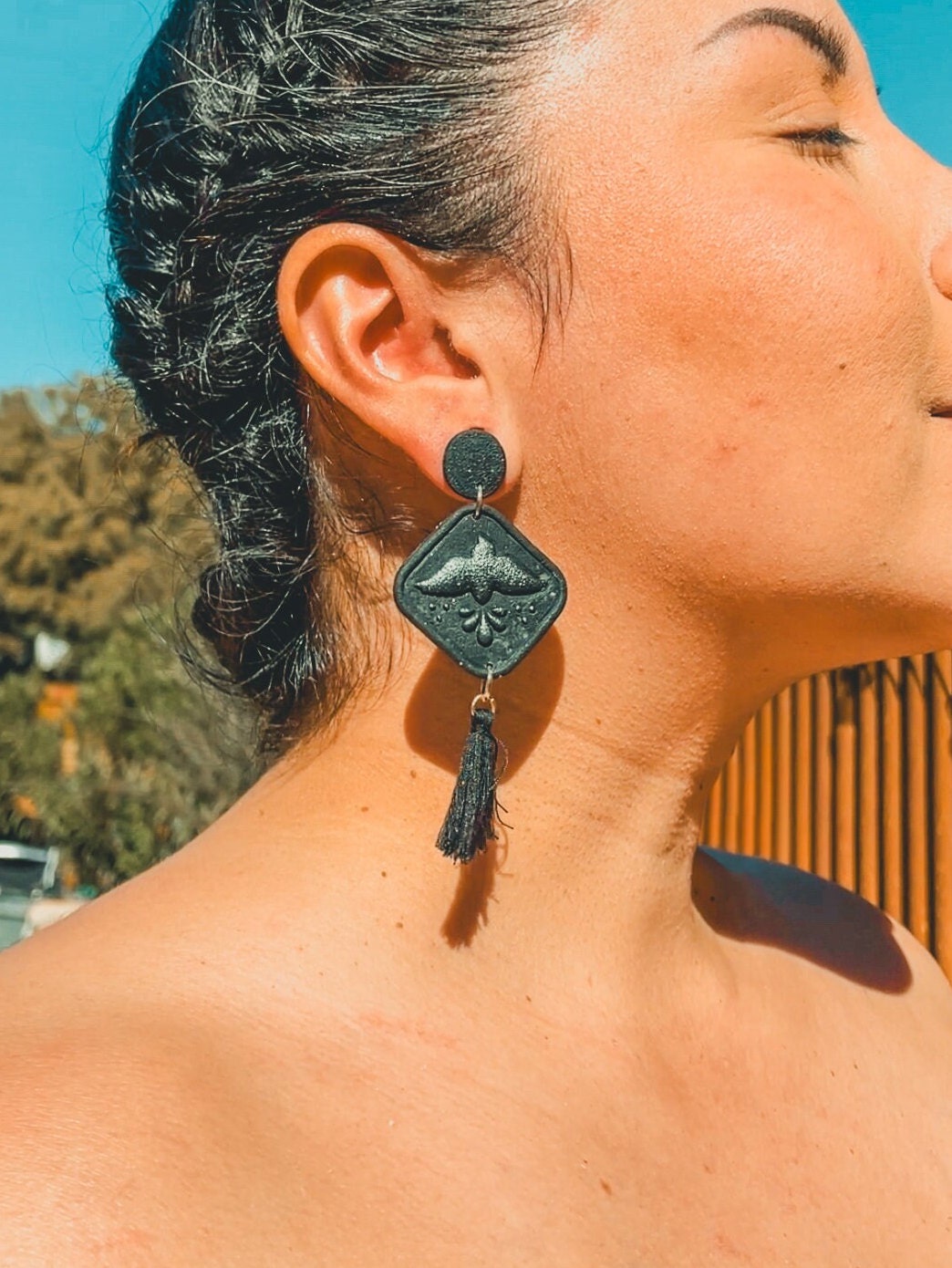 Paloma Negra Artisan Earrings | Handmade Mexican Tile Dangle Earrings