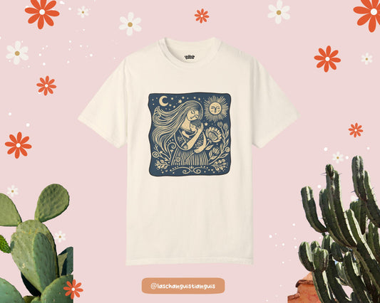 Madre Sagrada Tee – Latina Motherhood Shirt, Folk Art Madre e Hija, Sun & Moon Graphic Tee, Spiritual Mom Shirt, Handmade Illustration