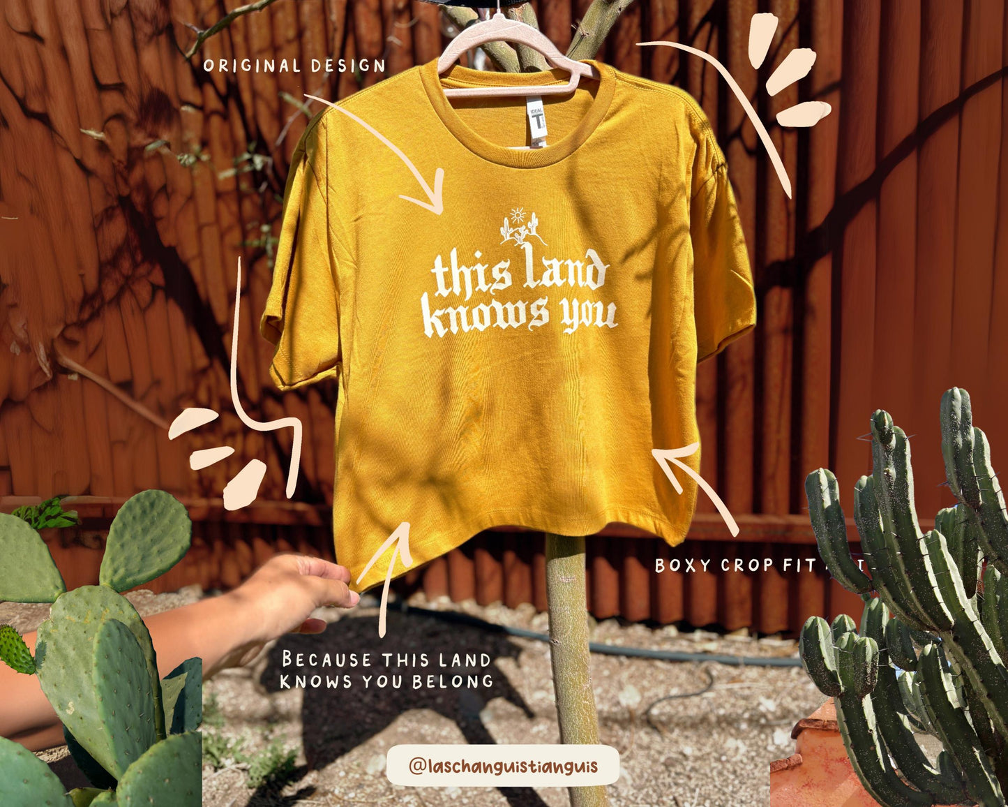 Desert Roots Boxy Crop Top – Latina Handmade T-Shirt in Antique Yellow & Desert Pink