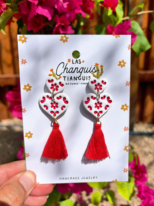 Talavera-Inspired Heart Earrings – Artisanal Polymer Clay Dangles with Tassels – Hand-Painted Mexican-Inspired Jewelry