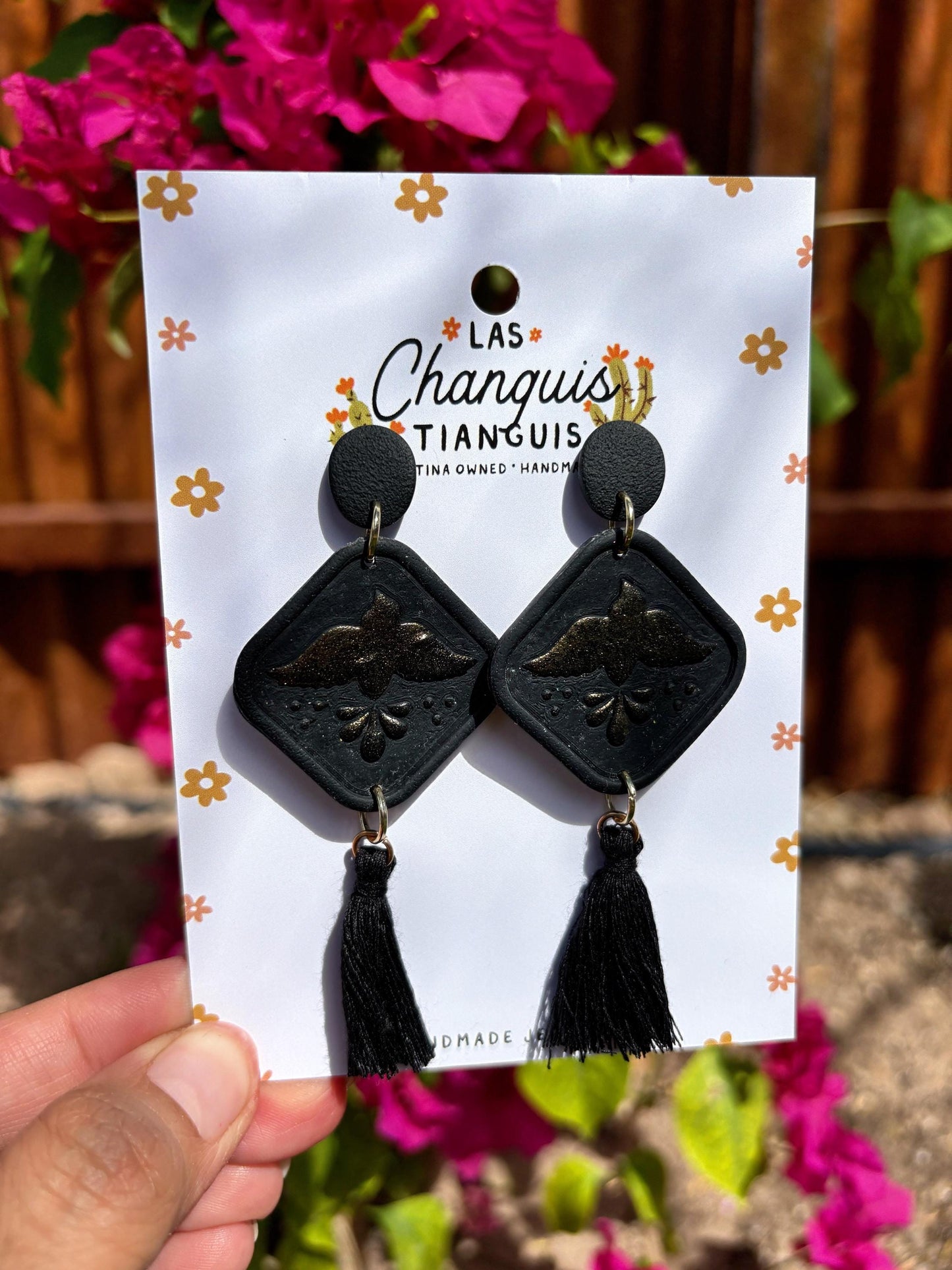 Paloma Negra Artisan Earrings | Handmade Mexican Tile Dangle Earrings
