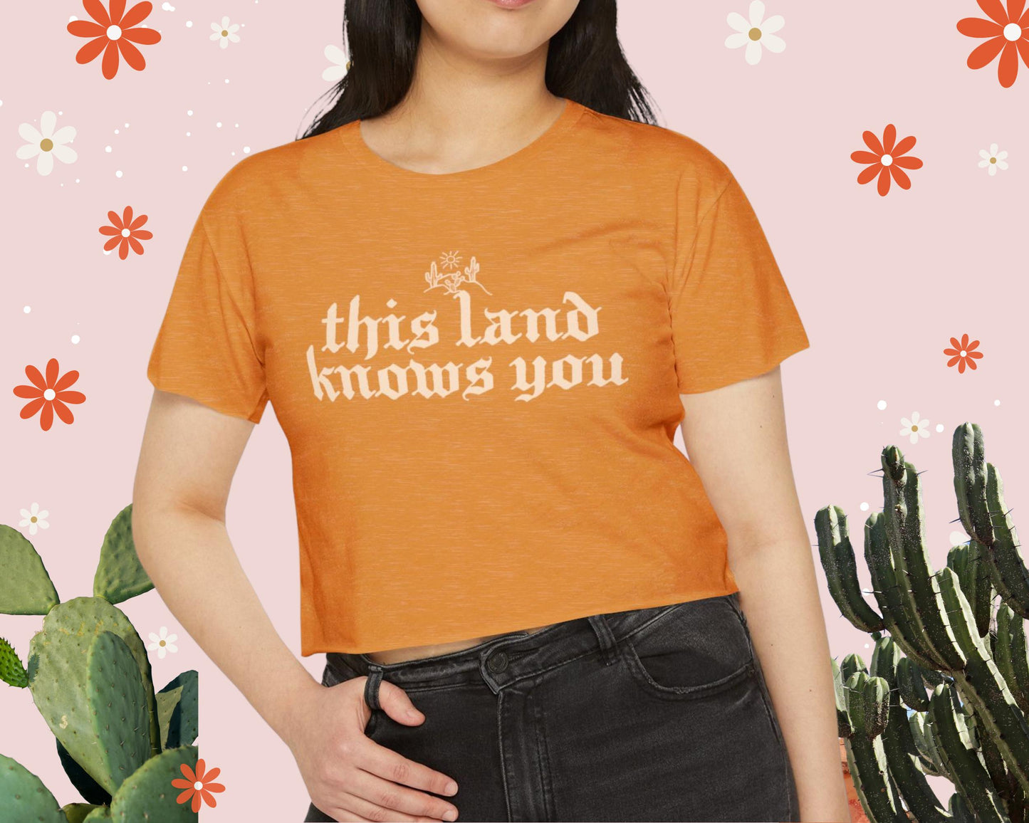 Desert Roots Boxy Crop Top – Latina Handmade T-Shirt in Antique Yellow & Desert Pink