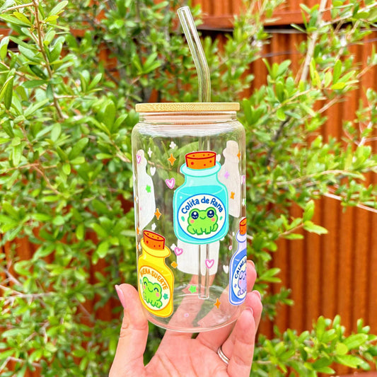 Frog Elixir Libbey Glass Cup – Sana Sana Potion Collection | 16oz Tumbler with Bamboo Lid & Straw | Cute Latina Gift, Emotional Support Cup