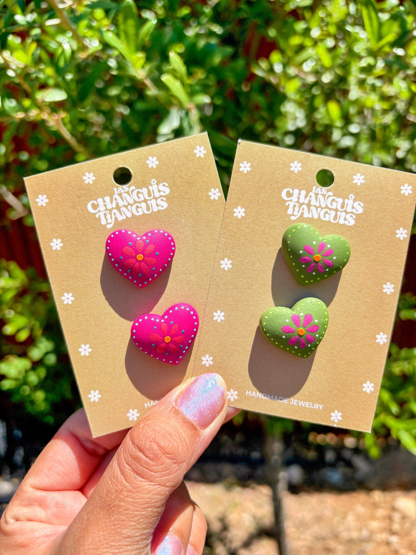 Mexican Heart Earrings – Hand-Painted Folk Art Style in Fuchsia or Green – Polymer Clay Earrings - Latina Jewelry