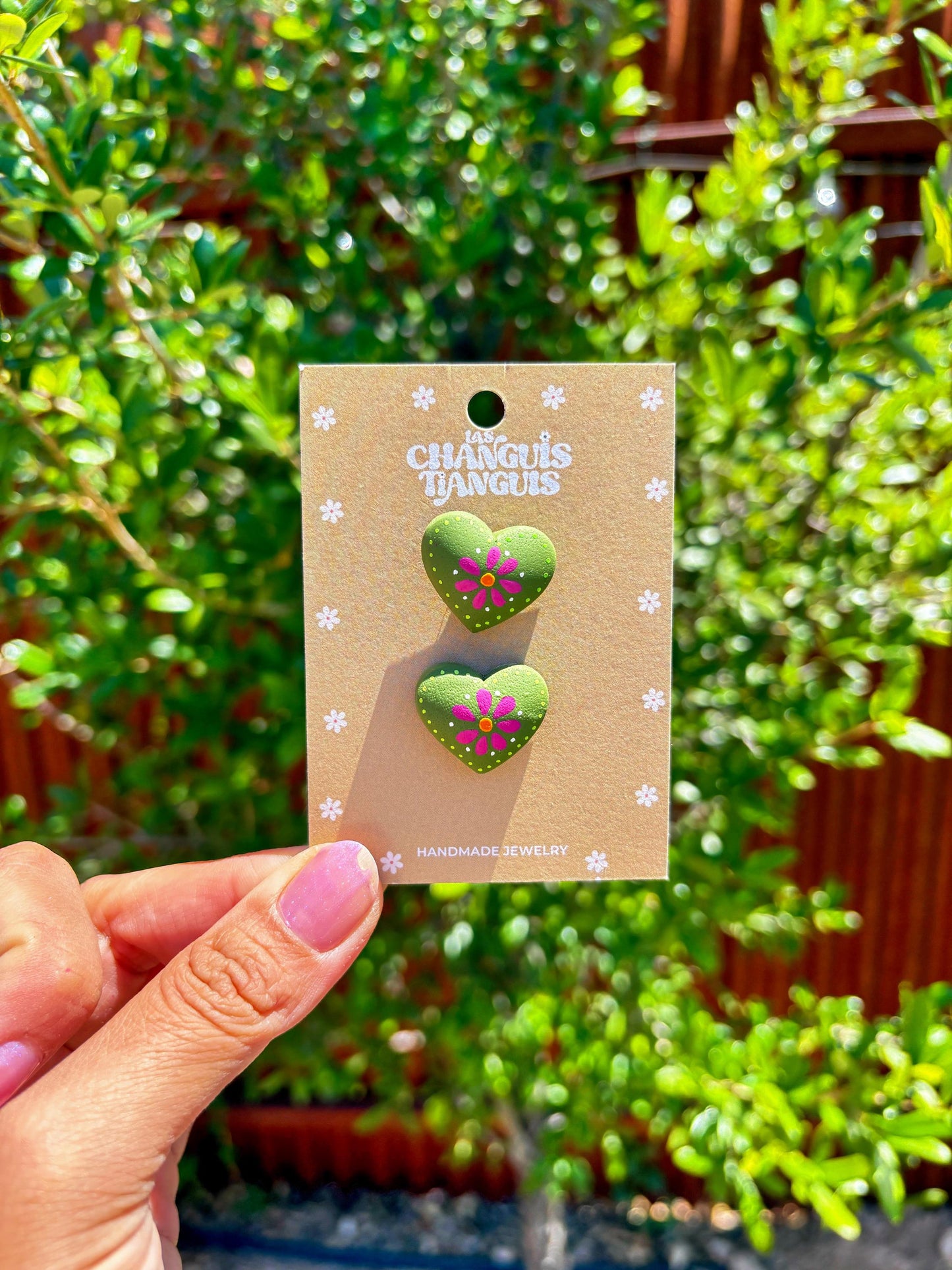 Mexican Heart Earrings – Hand-Painted Folk Art Style in Fuchsia or Green – Polymer Clay Earrings - Latina Jewelry