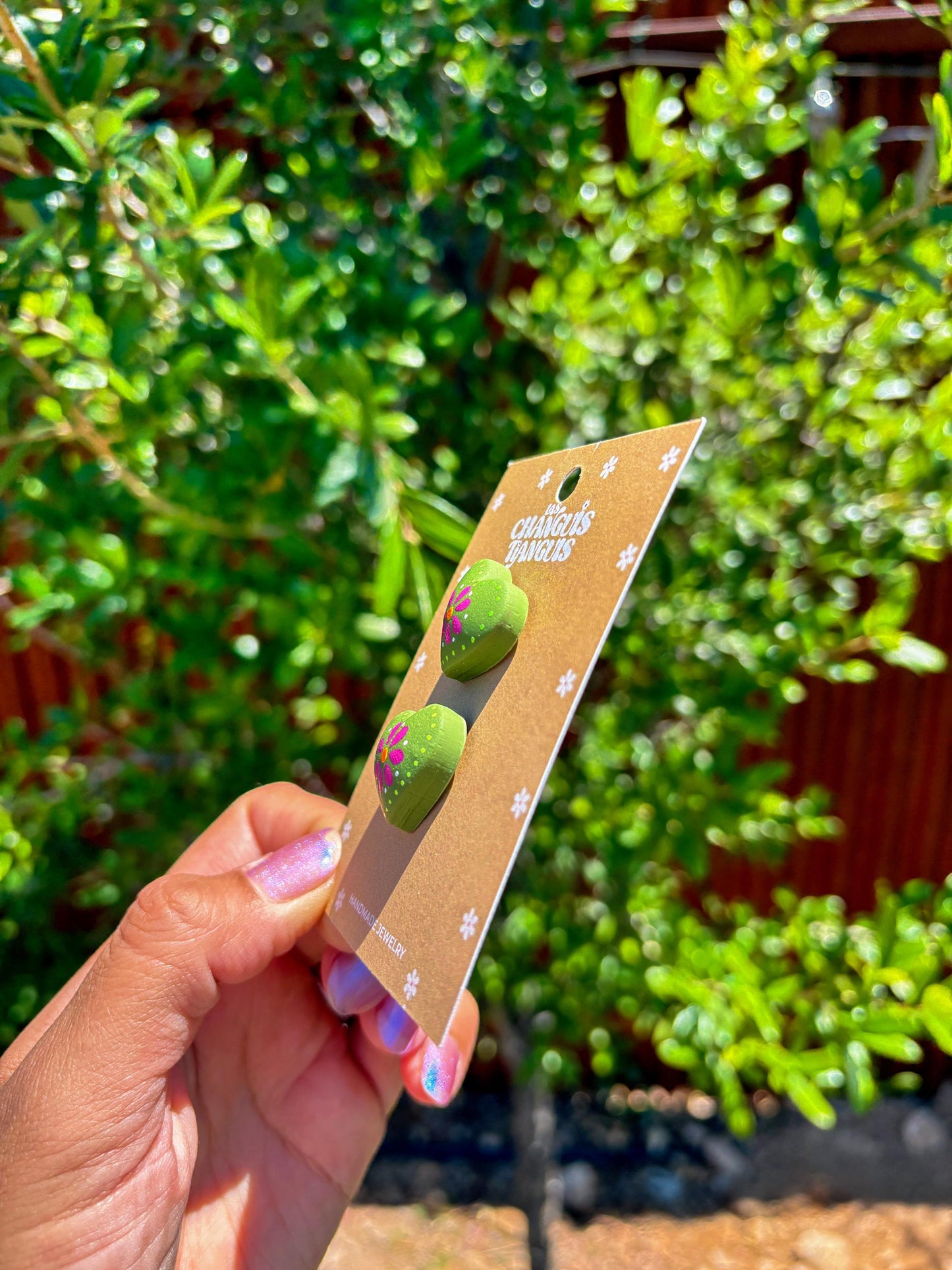 Mexican Heart Earrings – Hand-Painted Folk Art Style in Fuchsia or Green – Polymer Clay Earrings - Latina Jewelry