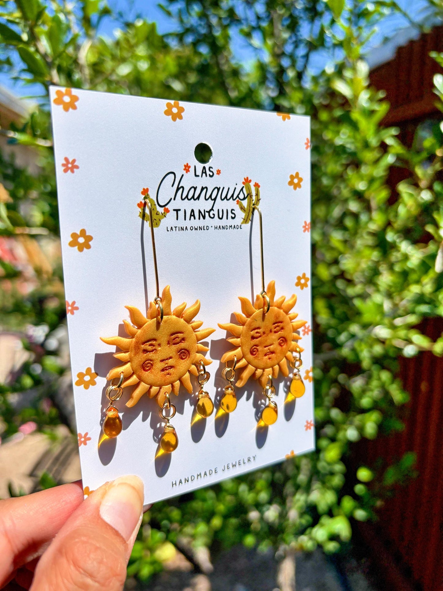 El Sol Earrings – Handmade Golden Sun Face Jewelry with Beaded Drops, Celestial Lotería Inspired, Lightweight Clay Statement Earrings