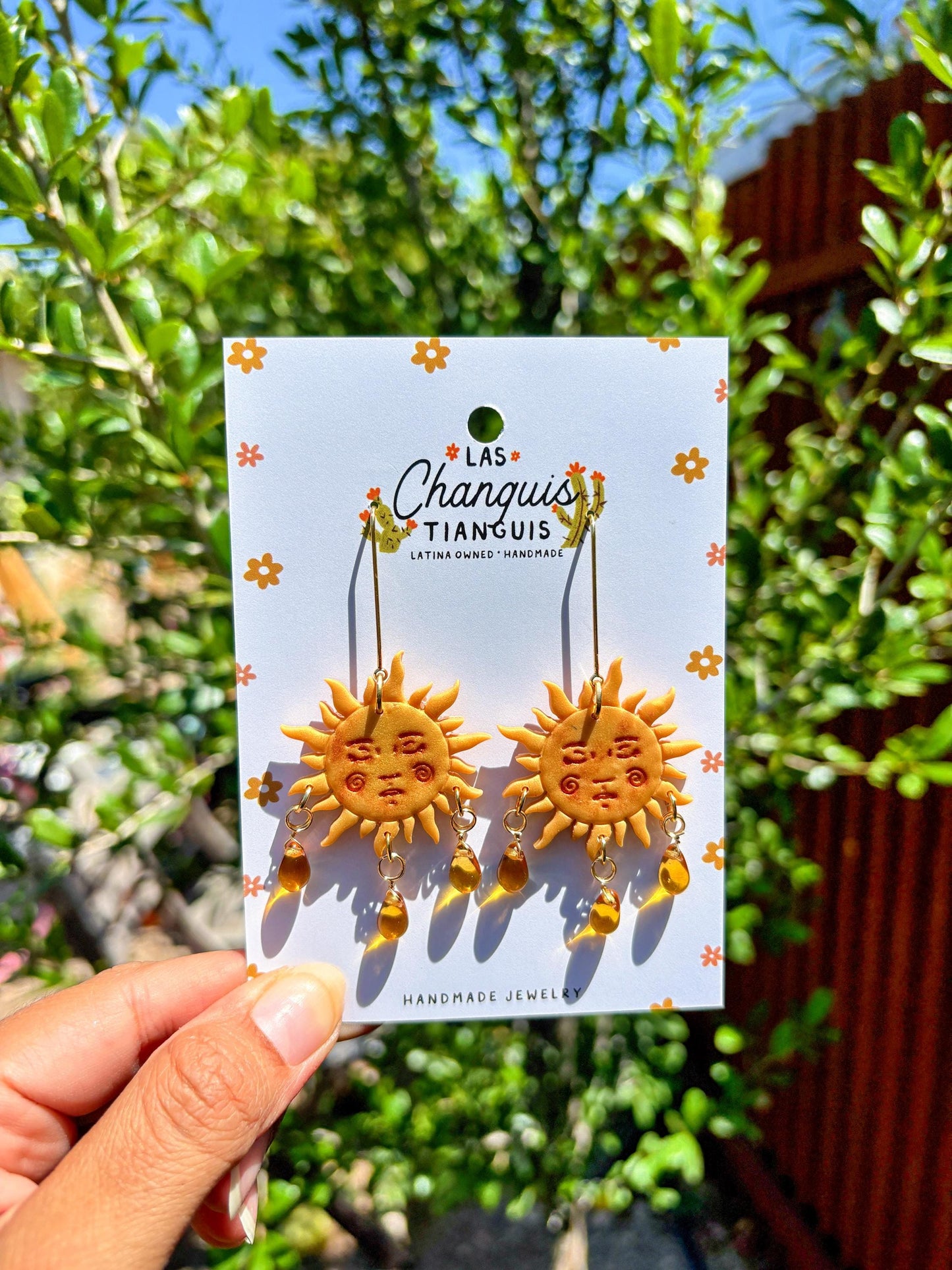 El Sol Earrings – Handmade Golden Sun Face Jewelry with Beaded Drops, Celestial Lotería Inspired, Lightweight Clay Statement Earrings