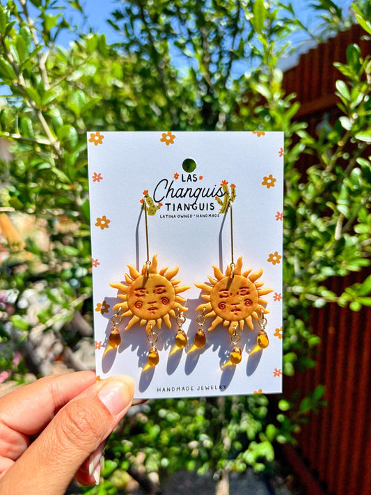 El Sol Earrings – Handmade Golden Sun Face Jewelry with Beaded Drops, Celestial Lotería Inspired, Lightweight Clay Statement Earrings