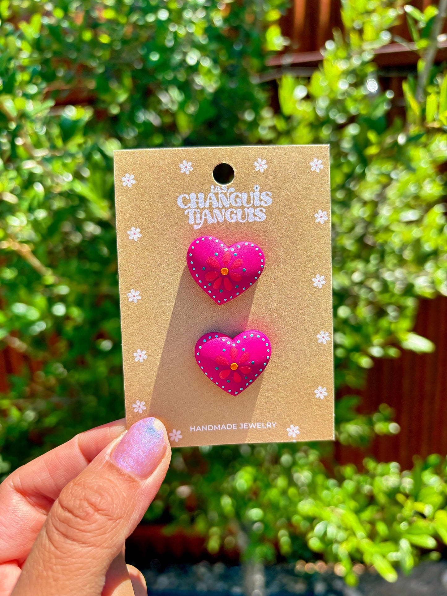 Mexican Heart Earrings – Hand-Painted Folk Art Style in Fuchsia or Green – Polymer Clay Earrings - Latina Jewelry