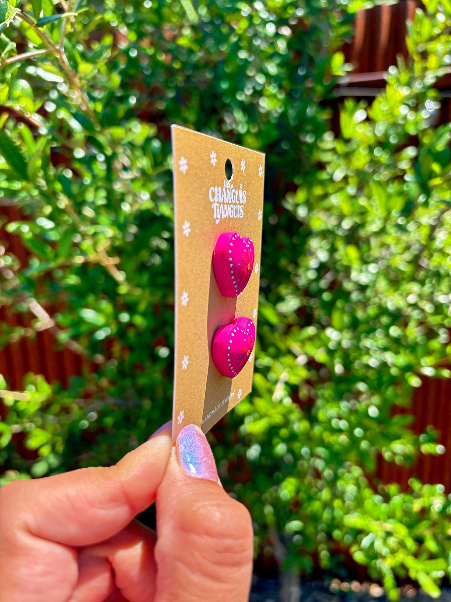 Mexican Heart Earrings – Hand-Painted Folk Art Style in Fuchsia or Green – Polymer Clay Earrings - Latina Jewelry