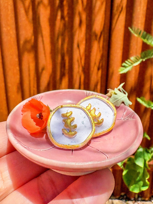 Sonoran Desert Sprig Earrings – Faux Enamel Polymer Clay Studs | Handpainted Gold Leaf Design | Dainty | Latina-Owned | Lightweight Jewelry