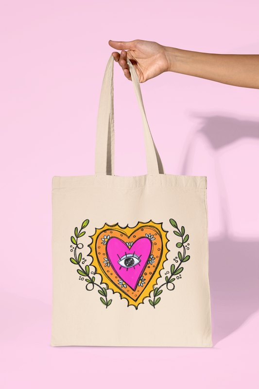 Mexican Sacred Heart Cotton Canvas Tote Bag