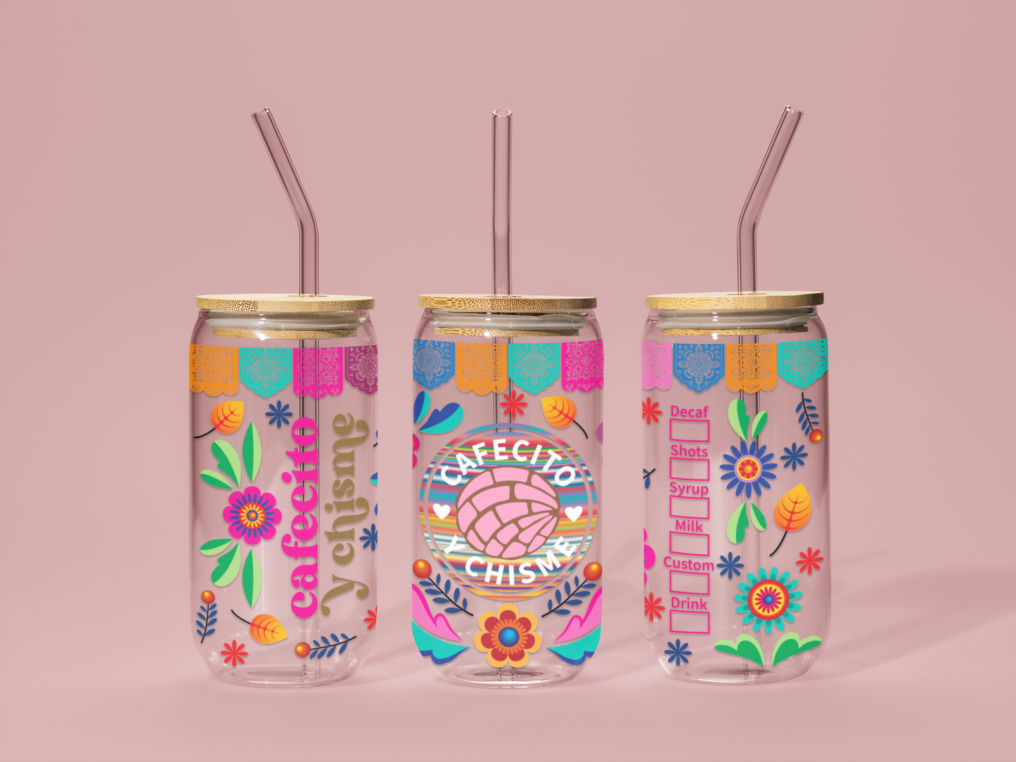 Cafecito y Chisme 16 oz Glass Can with Bamboo Lid & Glass Straw