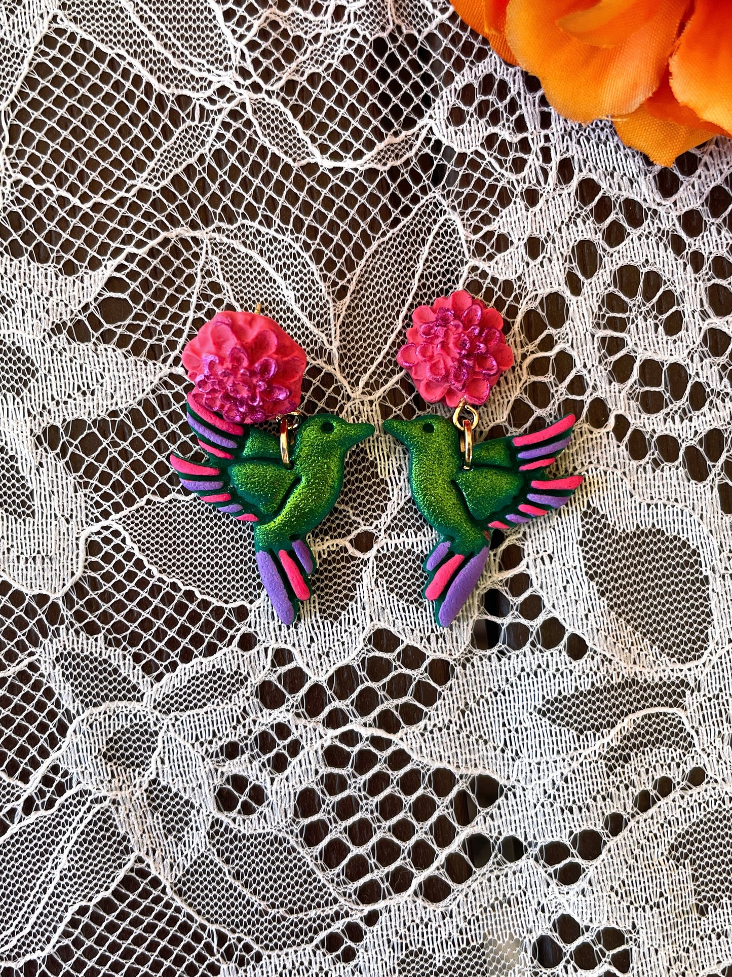 Colibri Handpainted Earrings - Dia de los Muertos Jewelry - Day of the Dead Collection Dia de los Muertos Jewelry