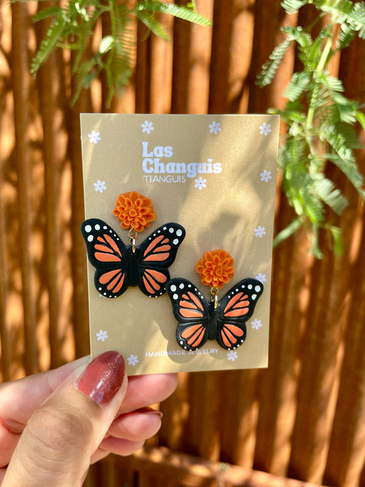 Handmade Monarch Butterfly Earrings with Cempasuchil Flowers - Day of the Dead Collection - Dia de los Muertos Jewelry