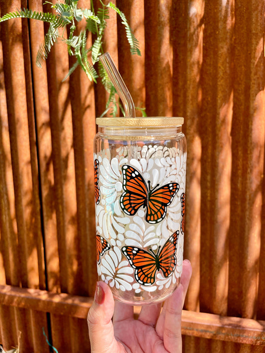 Libbey Talavera Monarch Butterfly Glass Cup – 16 oz - Dia de Muertos Mariposa Monarca Cup