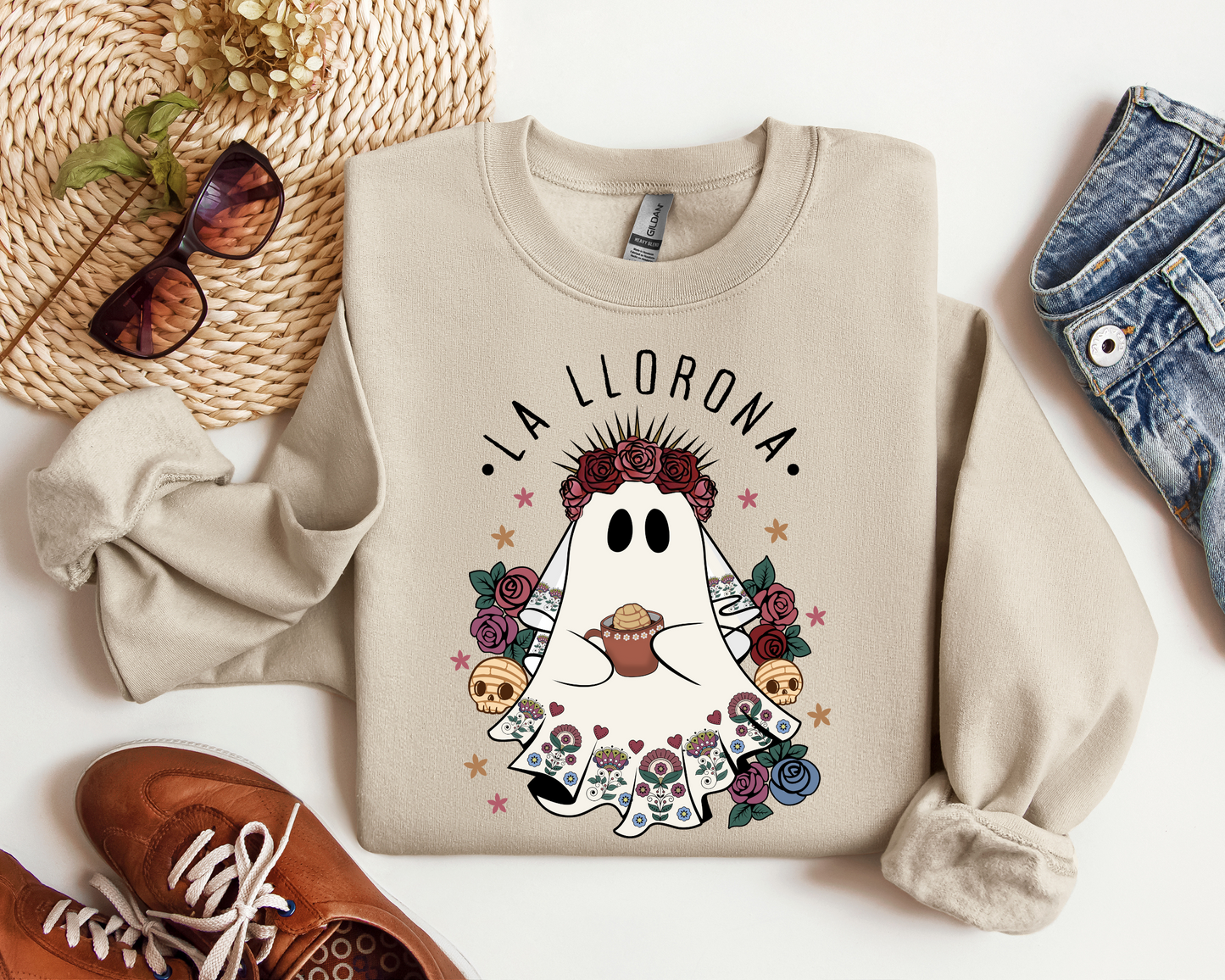 La Llorona Ghost Shirt or Crewneck | Día de los Muertos Inspired Apparel | Embroidered Design with Café de Olla