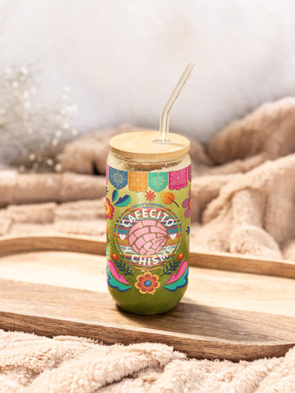 Cafecito y Chisme 16 oz Glass Can with Bamboo Lid & Glass Straw