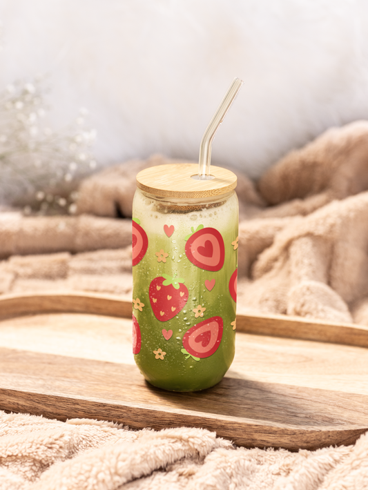 Strawberry Hearts 16 oz Glass Can with Bamboo Lid & Glass Straw
