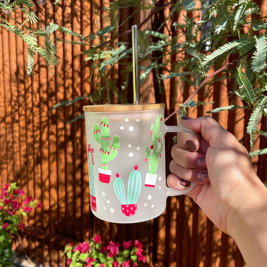 Holiday Cactus 17oz Mug with bamboo Lid & Straw – Festive Saguaro and Nopales Design