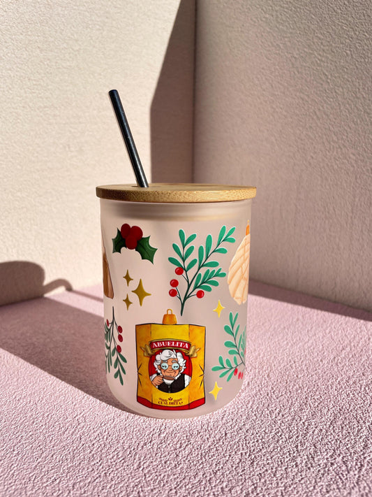 Holiday Chocolate Abuelita Travel Mug – 17 oz with Bamboo Lid & Stainless Steel Straw – Festive Design with Pan Dulce and Ornaments