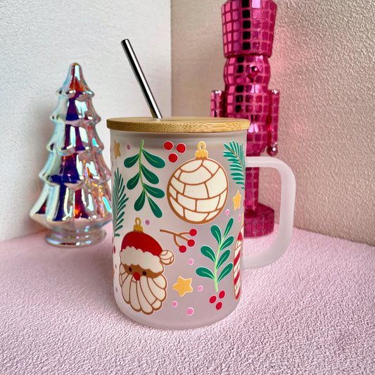 Pan-Taclos Conchita Ornaments Glass Cup - 17 oz Frosted Hybrid Travel Mug with Lid & Straw