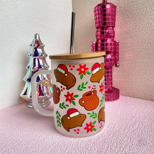 Marranitos & Noche Buenas Christmas Glass Cup – 17 oz Frosted Travel Mug with Bamboo Lid and Straw | Cochitos Tazita de Navidad Mexicana