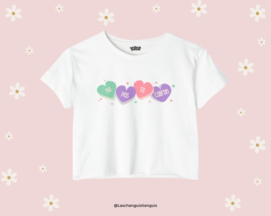 No Pos Tá Cabrón Boxy Cropped Tee – Spanish Valentines Crop Top for Latinas – Pastel Candy Heart Design