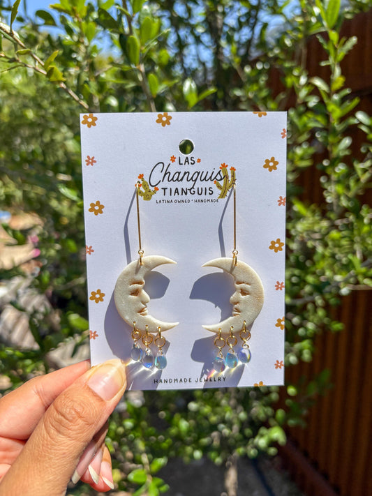 La Luna Earrings – Handmade Pearl Moon Face Jewelry with Teardrop Beads, Celestial Lotería Inspired, Lightweight Clay Statement Earrings
