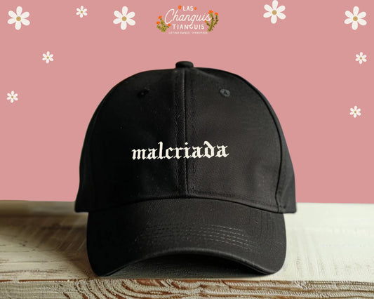 Malcriada Dad Hat – Black DTF Printed Hat | Funny Spanish Cap for Latinas | Old English Font | Chicana Style Baseball Cap | Latina Owned
