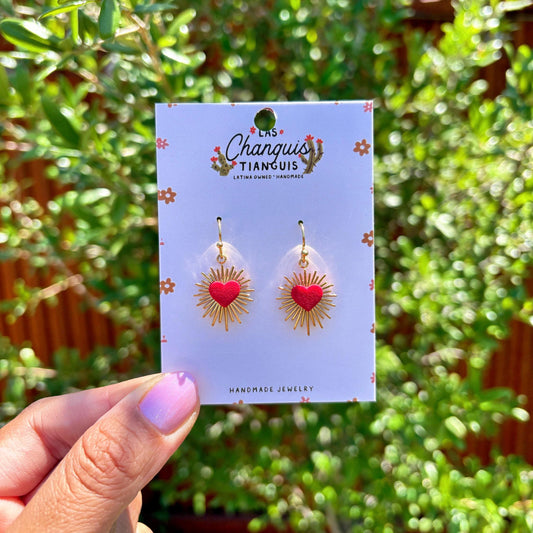 Sacred Heart Burst Earrings – Red & Gold Statement Jewelry | Latina-Owned Handmade Earrings | Las Changuis Tianguis