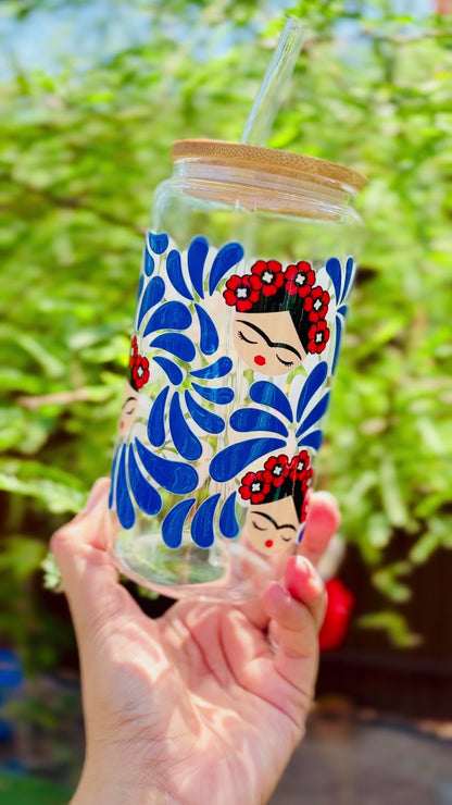Frida-Inspired Glass Cup – Talavera Blue | 16oz Libbey Can Glass with Bamboo Lid & Glass Straw