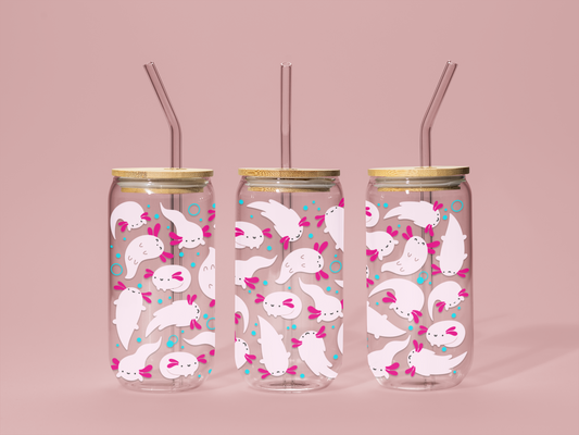 Axolotl Party 16 oz Glass Can with Bamboo Lid & Glass Straw
