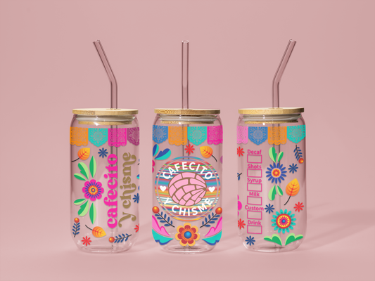 Cafecito y Chisme 16 oz Glass Can with Bamboo Lid & Glass Straw